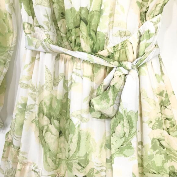 Flying Tomato Cream Green Floral Off Shoulder Flowy Tiered Belted Maxi Dress - Picture 8 of 16